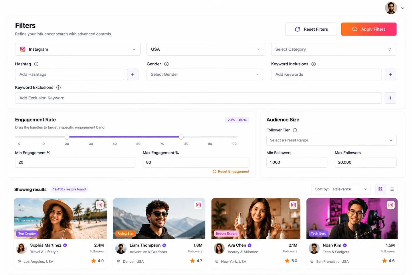 Flinque advanced filters for engagement rate, audience size and location