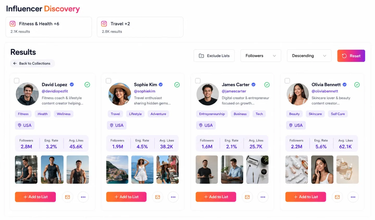 Flinque influencer discovery results with creator cards and filters