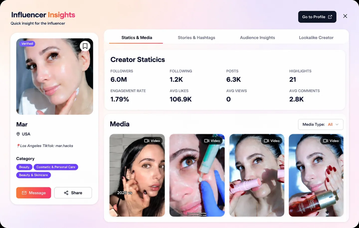 Flinque influencer insights panel with creator statistics and media